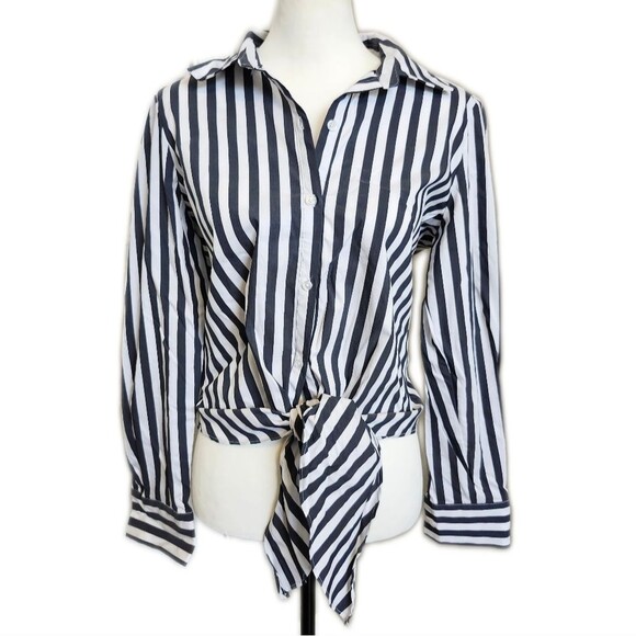 Alex Marie NWT charcoal gray & white striped button down blouse w/ tie waist M - Picture 1 of 10